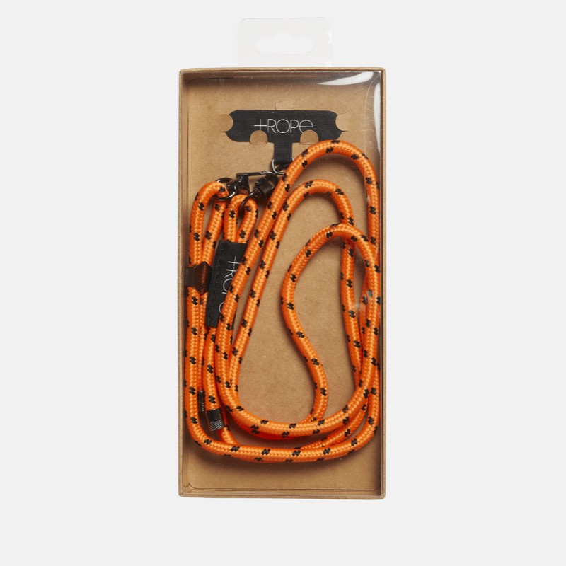 Portacellulare da collo in cotone color arancio con moschettoni e finiture metalliche